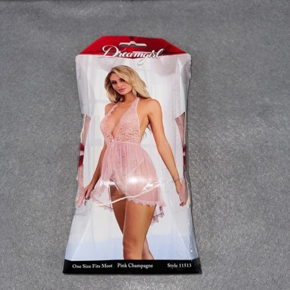 Dreamgirl O/S Halter Plunge Lace Teddy with Attached Flyaway Skirt Pink‎ 11513 - Picture 6 of 11
